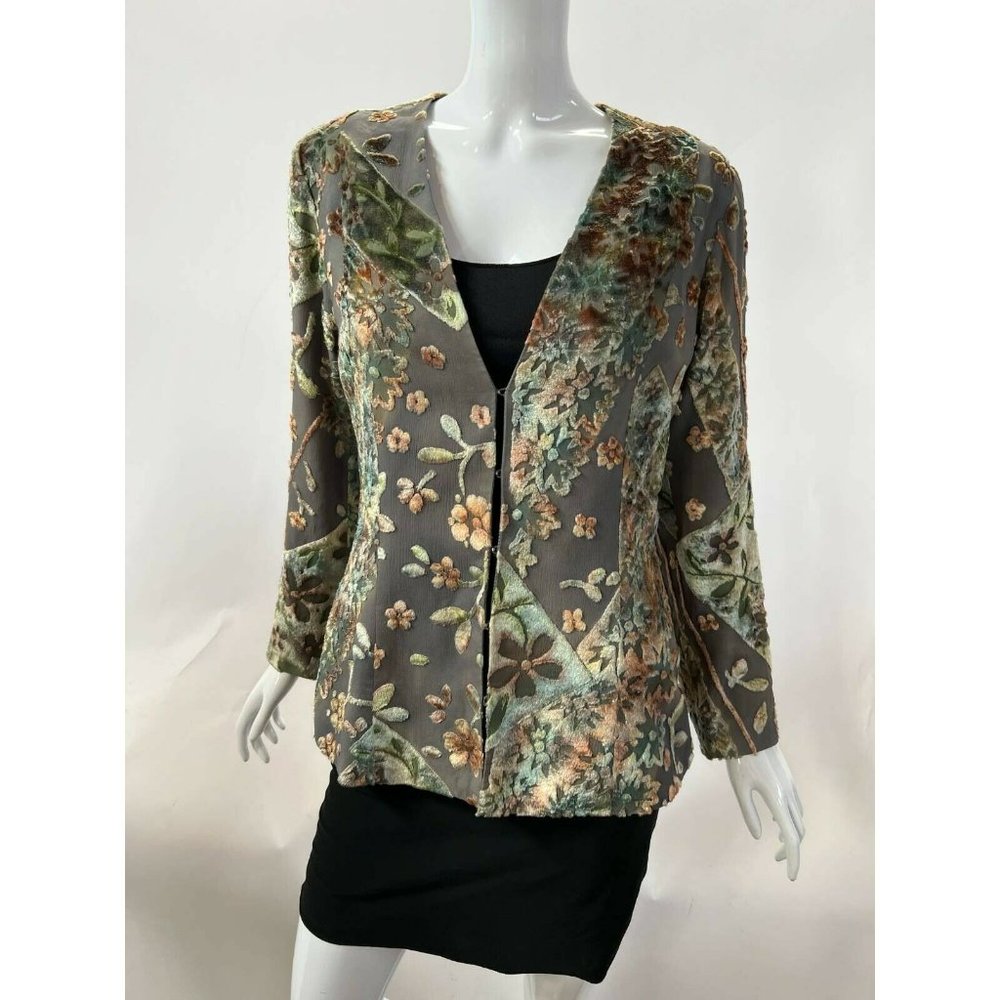 Zonda Nellis Womens Suit Jacket Blazer Gray Pink Floral Velvet Long Sleeve  XS
